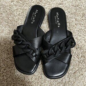 Mariella Black Leather Sandals matte Black Chain Straps Italy 9.5